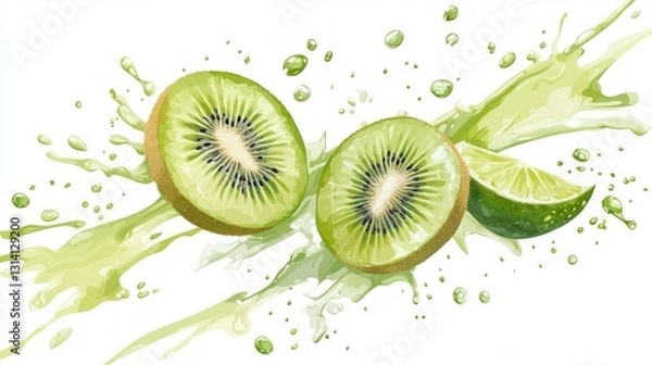 Fototapeta Sliced kiwis and lime fruit with fresh green juice splash