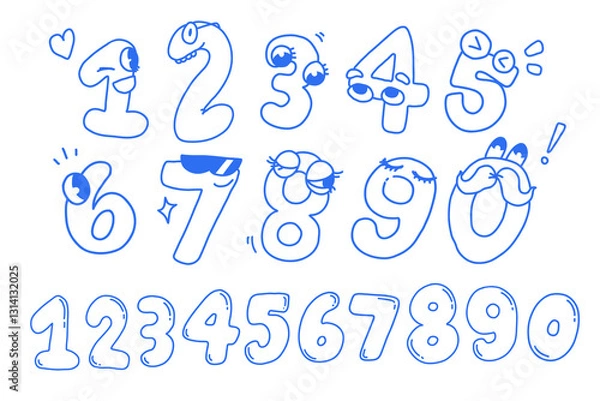 Obraz Kindergarten Math Vector Set: Numbers 1 to 0, Counting Illustrations, Cute, rounded  with smiley faces or doodles, outline drawing