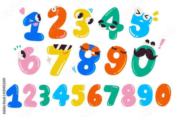 Obraz Kindergarten Math Vector Set: Numbers 1 to 0, Counting Illustrations, Cute, rounded  with smiley faces or doodles, colorful drawing