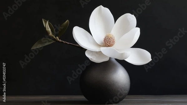 Fototapeta Photograph of a white magnolia flower in a black vase. the vase is round and has a smooth surface. the flower is in full bloom with its petals spread wide and its center a bright yellow color.