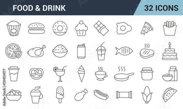 Fototapeta Food and Drink Line Editable  Icon Set. Restaurant, Fast Food, Desserts, Beverages, and More.