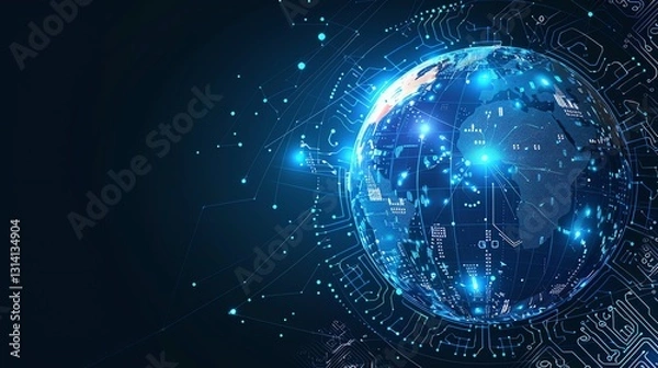 Fototapeta An abstract illustration depicting a digital globe surrounded by glowing circuit boards and connections, symbolizing global connectivity and technology.