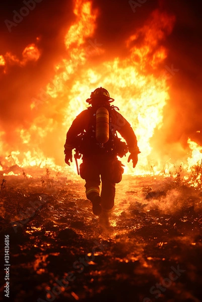 Fototapeta Firefighter in action. Fiery inferno background