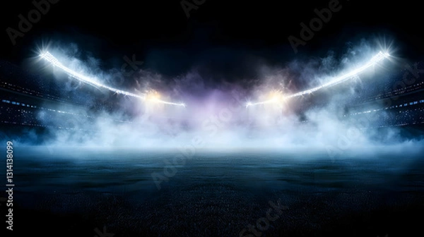 Fototapeta Dramatic Empty Stadium At Night With Bright Lights And Atmospheric Fog Or Smoke Creating A Moody Ambience