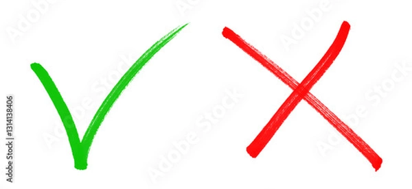 Fototapeta Green check mark, red cross, x mark icon set, Hand drawn right and wrong vector sign in circle brush stroke outline shape. Check mark isolated vector tick mark symbol and x cross sign in brush style. 