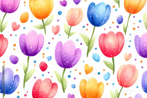 Fototapeta Floral pattern with vibrant tulips, polka dots, hearts on a white background
