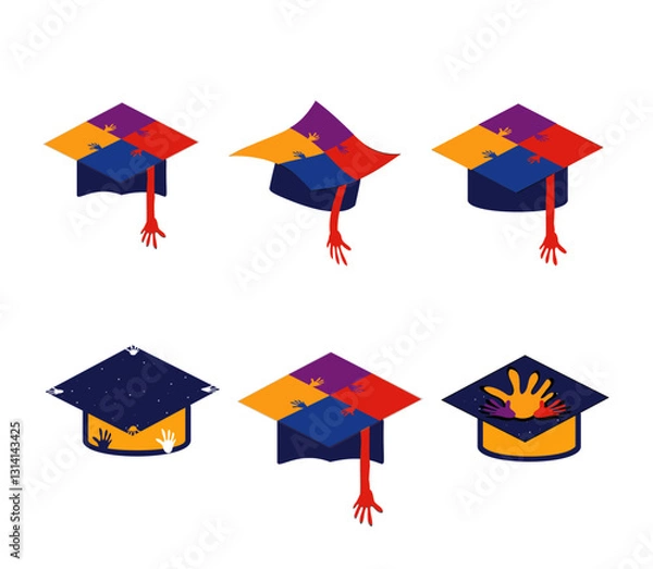 Fototapeta Creative Graduation Cap Logo Set with Helping Hands, Colorful Academic Symbols, and Unique Education-Inspired Designs for Learning, Success, and Achievement
