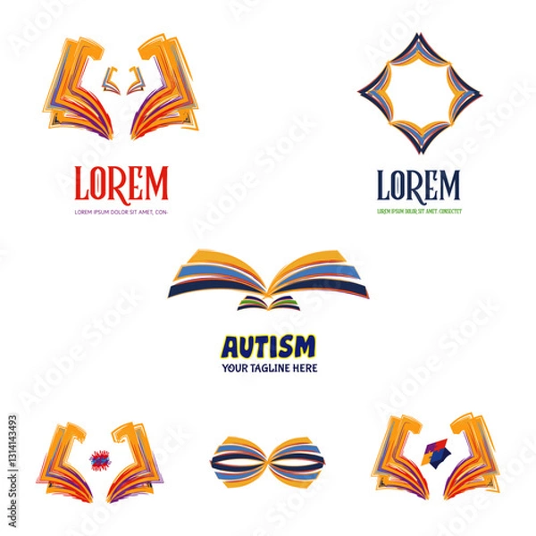 Fototapeta Colorful Abstract Book-Inspired Logo Set with Open Books, Pages, and Unique Typography for Education, Learning, Knowledge, and Literacy-Based Branding