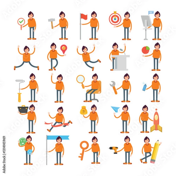 Fototapeta girl characters in different poses illustration set