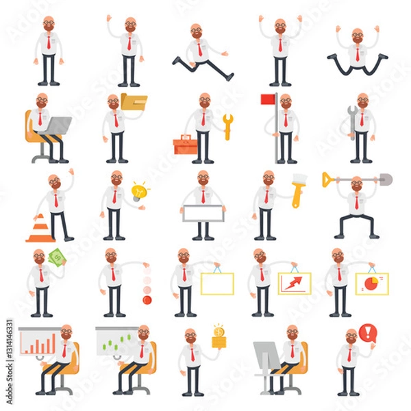 Fototapeta bald office worker characters in different poses illustration set