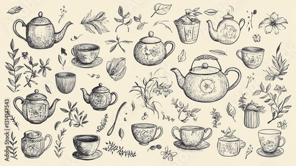 Fototapeta Elegant Hand-Drawn Tea Pots and Floral Elements Collection for Creative Projects