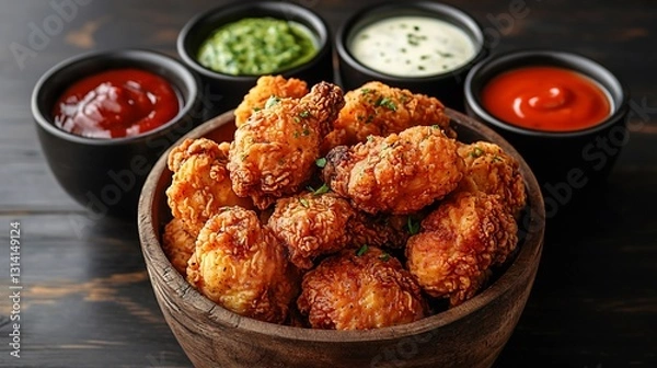 Fototapeta Assorted bowl of fried chicken various crispy delights ready for a special gathering or event