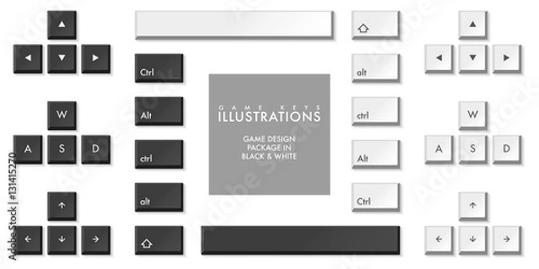 Fototapeta WASD game design vector keys illustrations in black and white