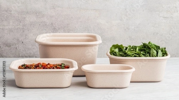 Fototapeta sustainable packaging design eco friendly solution, Containers with fresh food and vegetables arranged on a neutral background.