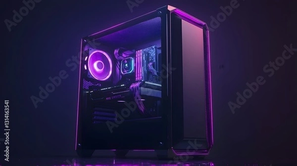 Obraz A sleek modern gaming PC with RGB lighting, transparent side panel showing powerful components, isolated on a dark tech background