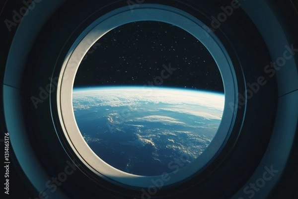Fototapeta Window to the Cosmos: Witness the breathtaking vista of Earth from the porthole of a spacecraft. The planet's swirling clouds, continents.