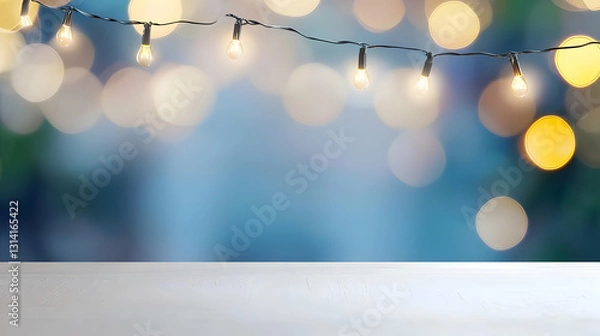 Fototapeta Warm Glowing String Lights With Golden Bokeh Effect On A Blurred Blue Festive Background With A White Wooden Table In The Foreground Perfect For