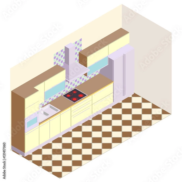 Fototapeta Axonometric view of the modern kitchen . Modern kitchen with large refrigerator , extractor  hood , sink , cooktop , oven and cupboards for different products and equipment.