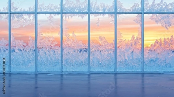 Fototapeta Frosted Window Panes at Sunset with Colorful Sky and Ice Patterns