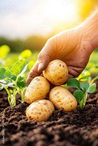 Fototapeta A farmer gently digs into the earth, uncovering golden-brown potatoes nestled in the loose soil. Sunlight filters through, casting soft shadows as fresh greens surround the harvest