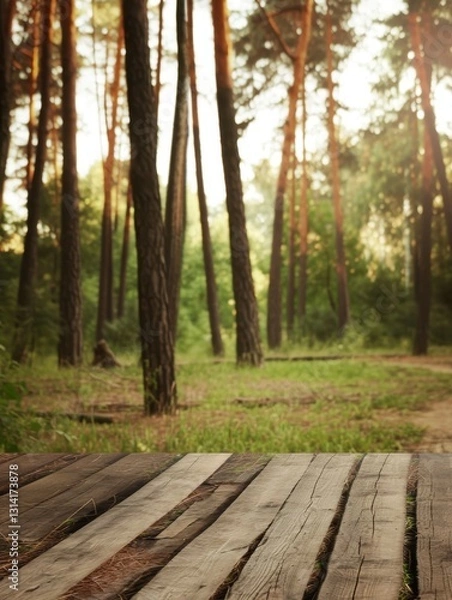 Obraz Empty rustic wooden table with textured planks set in a peaceful forest background