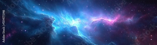 Fototapeta A stunning image of a vibrant blue and purple nebula, filled with swirling clouds of gas and dust, illuminated by countless twinkling stars scattered throughout the cosmic scene.