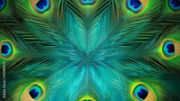 Fototapeta Kaleidoscopic Peacock Feather Mandala Teal and Green Symmetrical Design, Peacock Feathers, Mandala Art, Peafowl Peacock, Mandala