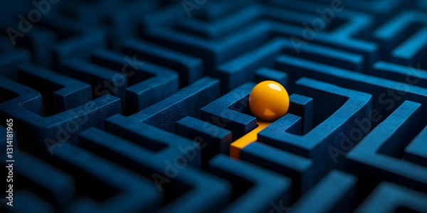 Obraz Navigational Journey Through a Complex Blue Maze Featuring a Single Yellow Ball at the Exit Point with an Orange Pathway Highlighting Strategic Decision Making