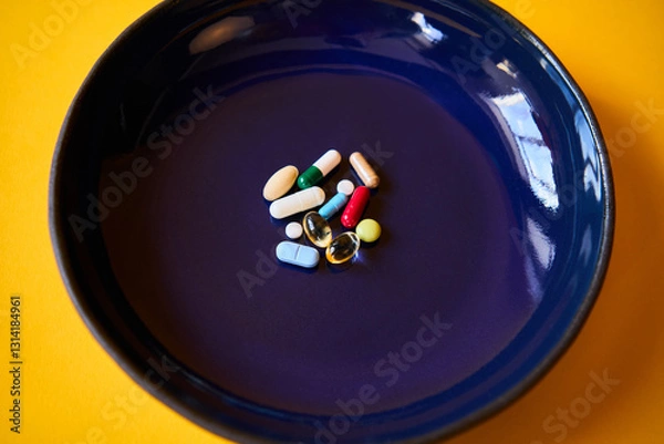 Fototapeta Various pills of different colors and shapes at blue plate over yellow background