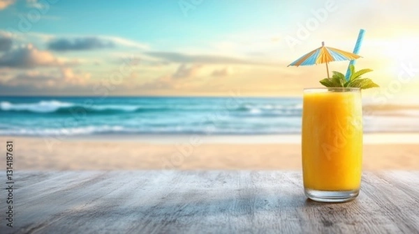 Fototapeta Refreshing tropical drink with umbrella at oceanfront during sunset beach setting