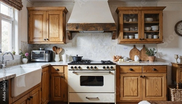 Obraz Rustic kitchen interior with wooden cabinets and stove