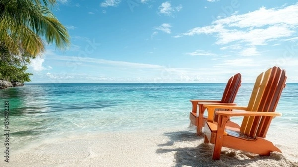 Fototapeta Two wooden chairs are set against a serene beach, inviting relaxation with their tranquil view of the azure ocean waters and a perfect sky, ideal for escape and leisure.