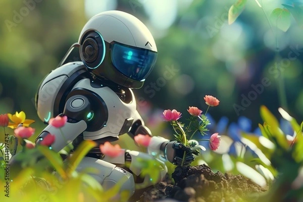 Fototapeta Robot Tending Flowers in a Vibrant Spring Garden Setting Outdoors