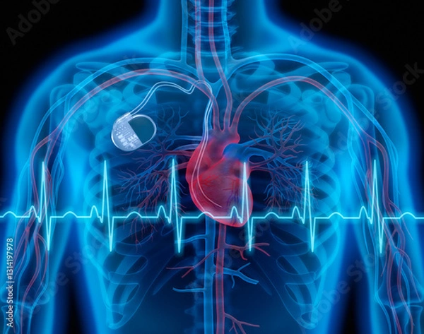 Fototapeta Man with cardiac pacemaker with ECG graph against blue background conceptual artwork-3d illustration