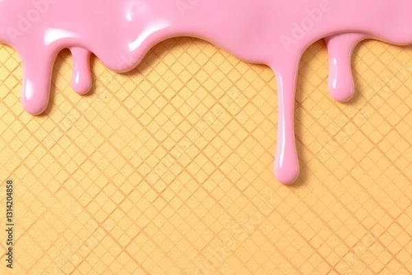 Fototapeta Realistic digital illustration of a waffle cone partially covered in a smooth, glossy white creamy substance, resembling melted ice cream. The golden-brown cone features a detailed grid pattern of rai