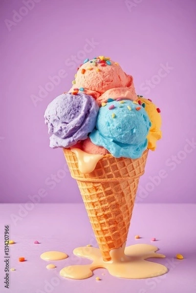 Fototapeta Whimsical ice cream scene with a waffle cone holding five colorful scoops in blue, purple, pink, orange, and yellow, topped with multicolored sprinkles. Set against a bright purple background, the mel