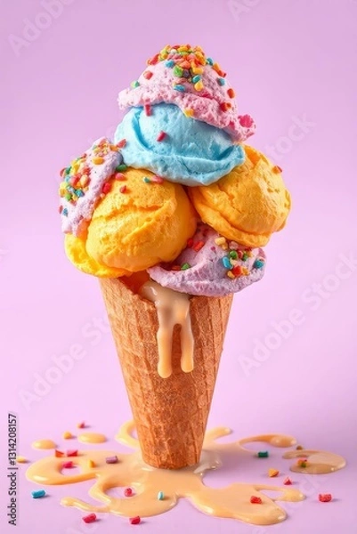 Fototapeta Whimsical ice cream scene with a waffle cone holding five colorful scoops in blue, purple, pink, orange, and yellow, topped with multicolored sprinkles. Set against a bright purple background, the mel