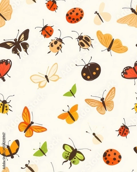 Fototapeta Colorful garden butterflies and insects creating a vibrant pattern in a lush green natural habitat full of life