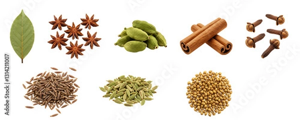 Obraz set of spices which include cinnamon, bayleave, fennel seed, corriander seed, zeera, star anise, elaichi ,cloves, blackpepper seeds.