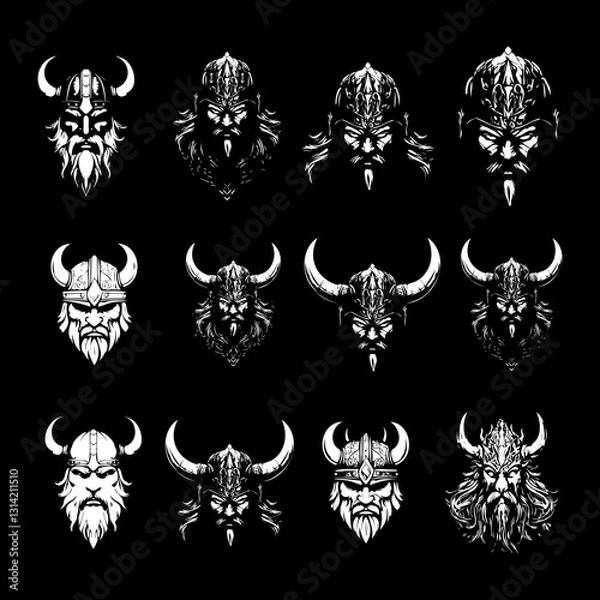 Fototapeta Set of Viking Warrior Illustrations Featuring Horned Helmets, Bearded Faces, and Norse Mythology-Inspired Designs in Black and White
