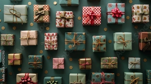 Fototapeta A flat lay of colorful wrapped presents with bows and ribbons on a green background.