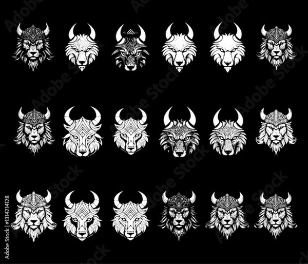Fototapeta Set of Viking Warrior and Mythical Beast Heads in Black and White, Nordic Tribal Animal Illustrations Featuring Wolves, Bulls, and Lions with Horns and Helmets