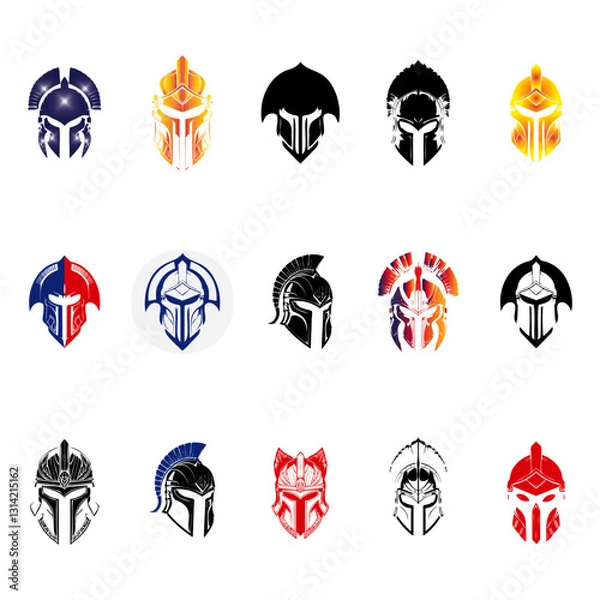 Fototapeta Set of Spartan and Roman Warrior Helmet Logos, Ancient Greek Gladiator and Knight Head Designs, Colorful and Monochrome Military Armor Icons