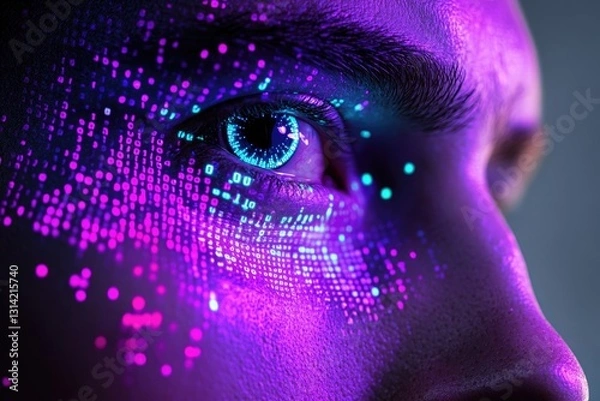 Fototapeta Close-up of an eye with binary code patterns illuminating the face, showcasing futuristic technology and digital transformation.