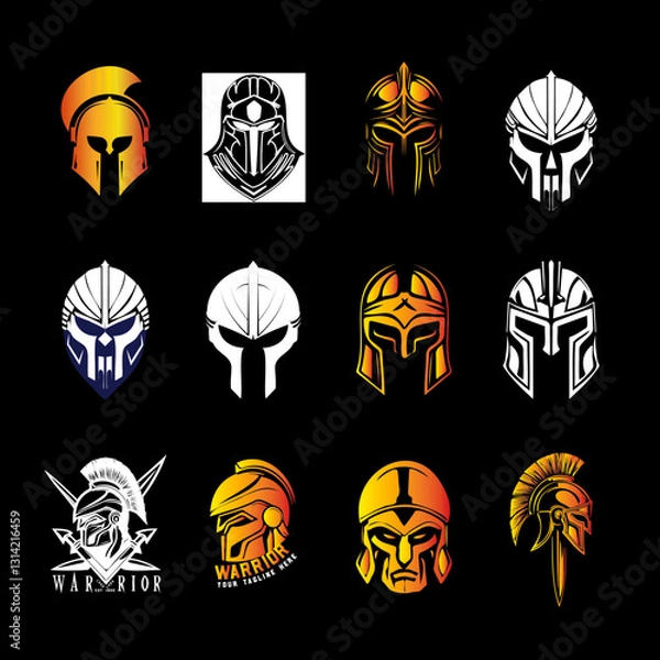 Fototapeta Set of Spartan, Roman, and Medieval Warrior Helmet Logos, Ancient Greek Gladiator and Knight Head Designs, Tactical Military Armor Icons in Gold, White, and Black