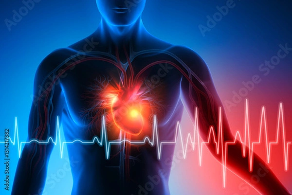 Fototapeta Man with heart attack with ECG graph against blue background conceptual artwork-3d illustration