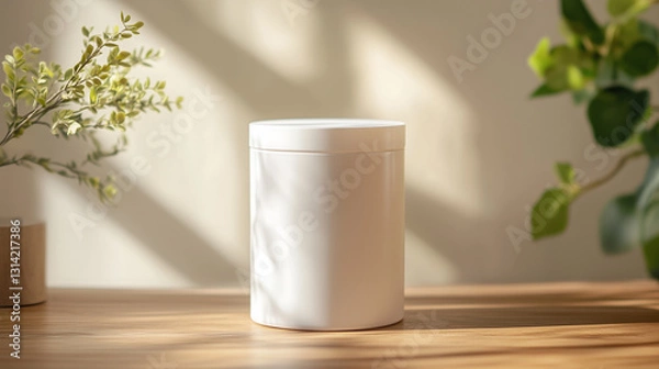 Fototapeta Minimalist white plastic jar with matte finish on a wooden surface with natural lighting