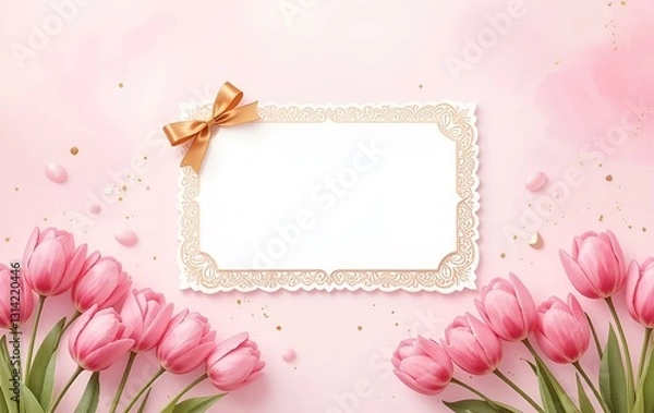 Fototapeta Pink tulip background image, card flower fringes, anniversary texture banner
