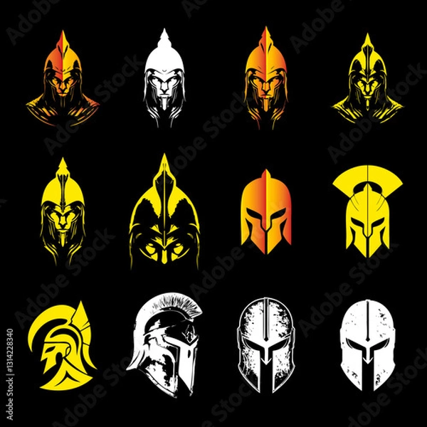 Fototapeta Spartan Warrior Helmet Logo Set, Ancient Greek Gladiator Emblems, Bold Military and Tactical Vector Illustrations, Historical Battle Symbols for Branding and Gaming