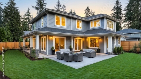 Fototapeta Modern Luxury Home with Spacious Patio at Sunset, Embracing Golden Hour Warmth and Elegance